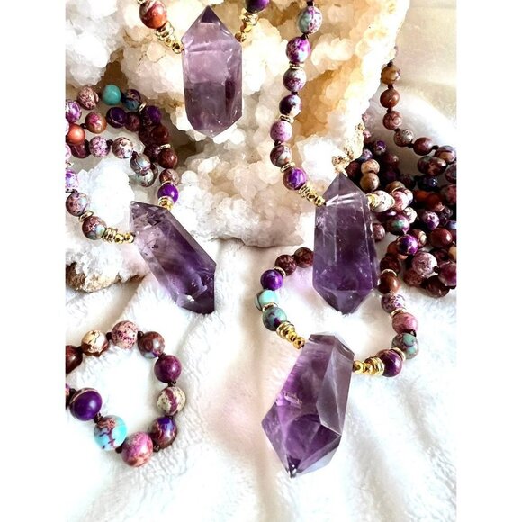Galaxy Jasper + DT Amethyst Mala Necklace Pendant - Picture 7 of 10